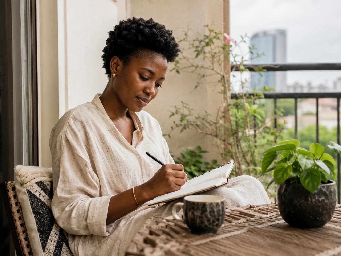 Moment calme de réflexion et d'écriture sur un balcon